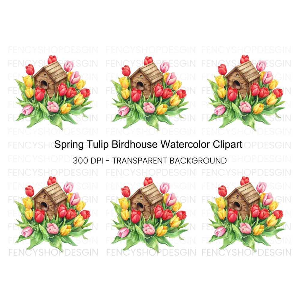 Colorful Tulips Birdhouse Clipart Bundle