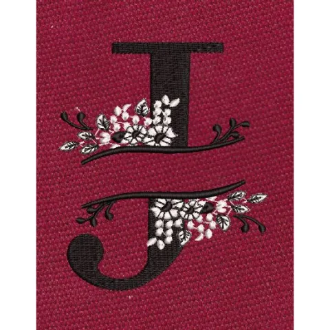 Floral Split Letter J Monogram Black & White Embroidery Design