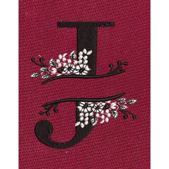 Floral Split Letter J Monogram Black & White Embroidery Design