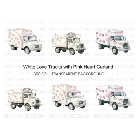 White Valentine Trucks with Heart Garlands Clipart Bundle
