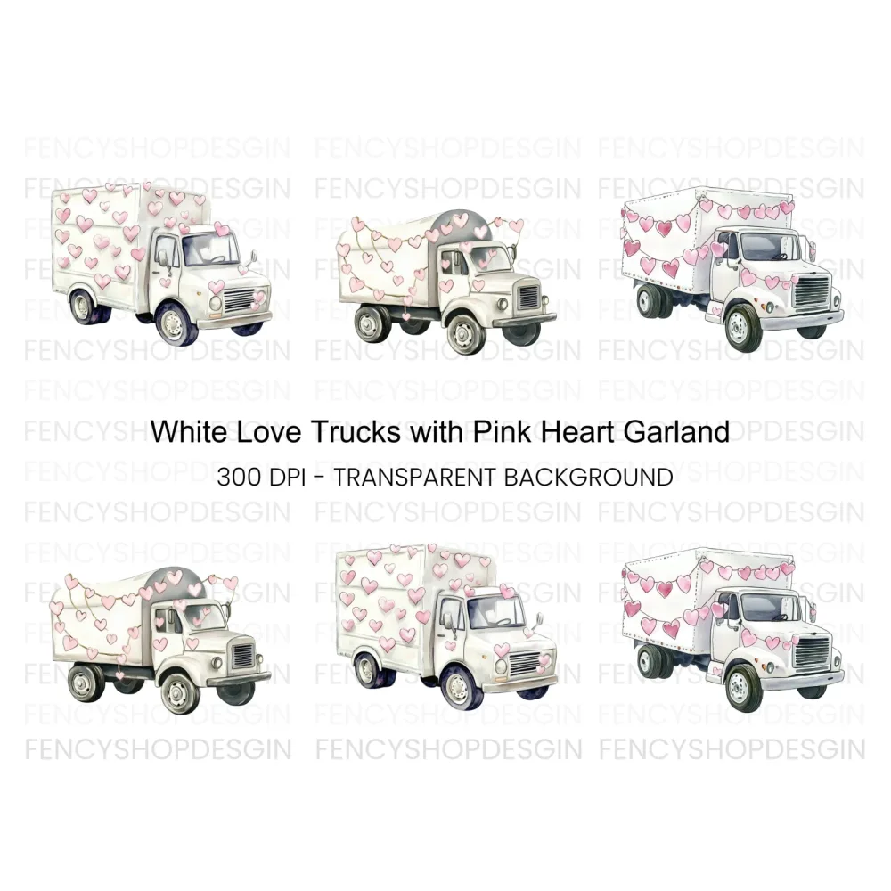 White Valentine Trucks with Heart Garlands Clipart Bundle