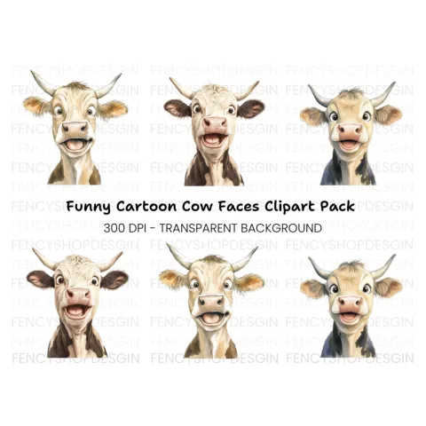 Funny Cartoon Cow Faces Clipart Bundle
