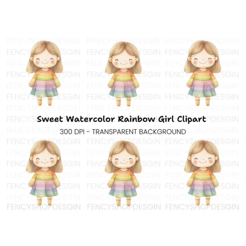 Sweet Girl in Rainbow Dress Clipart Bundle