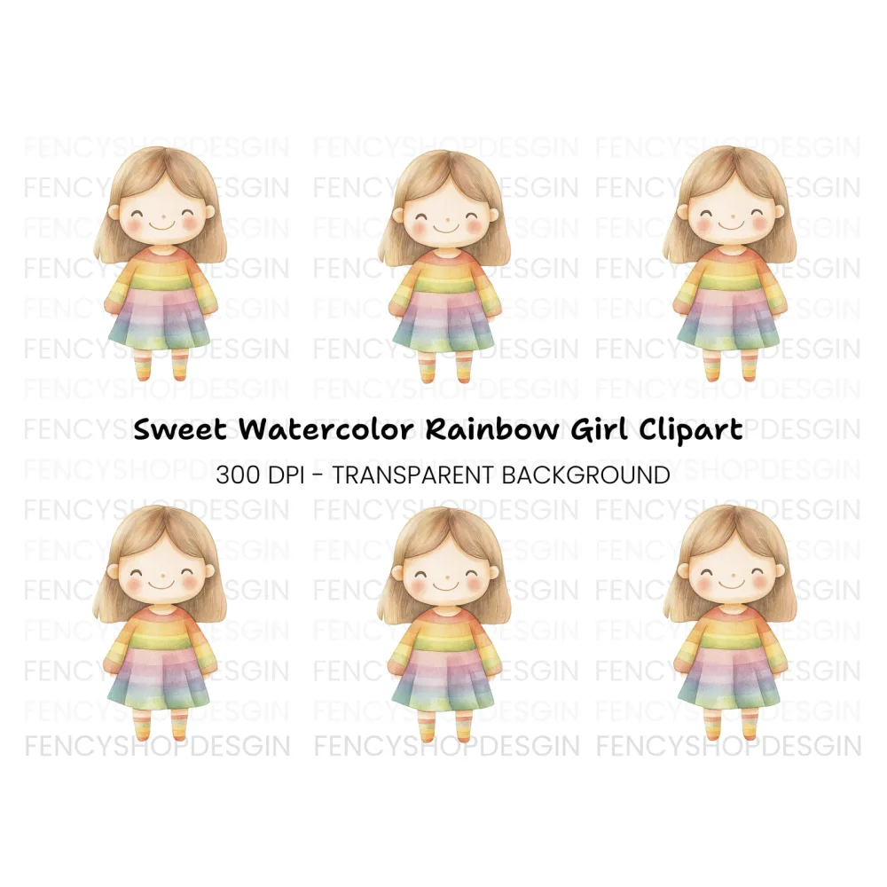 Sweet Girl in Rainbow Dress Clipart Bundle