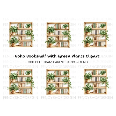 Wooden Bookshelf with Plants Clipart Bundle