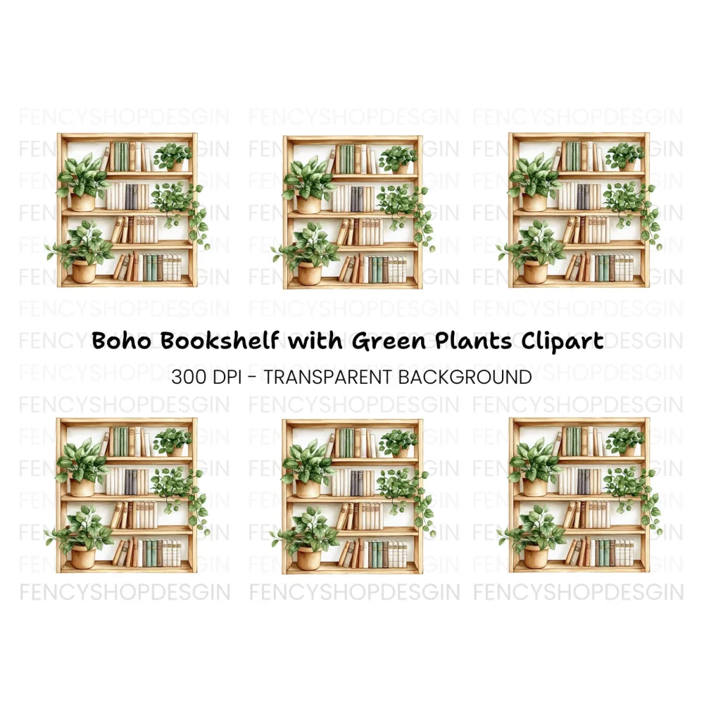 Wooden Bookshelf with Plants Clipart Bundle