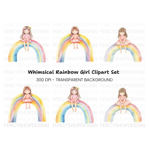Cute Girls Sitting on Rainbows Clipart Bundle