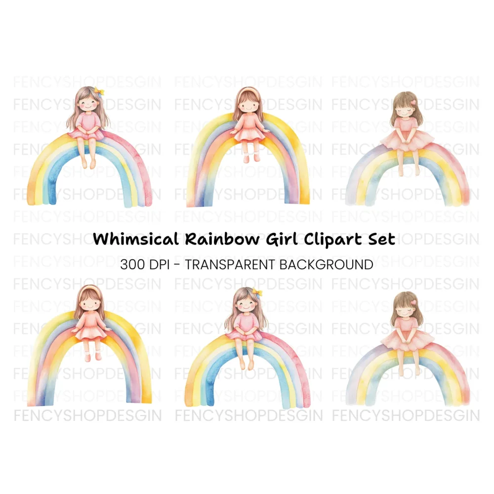 Cute Girls Sitting on Rainbows Clipart Bundle