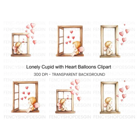 Sad Cupid with Heart Balloons Clipart Bundle