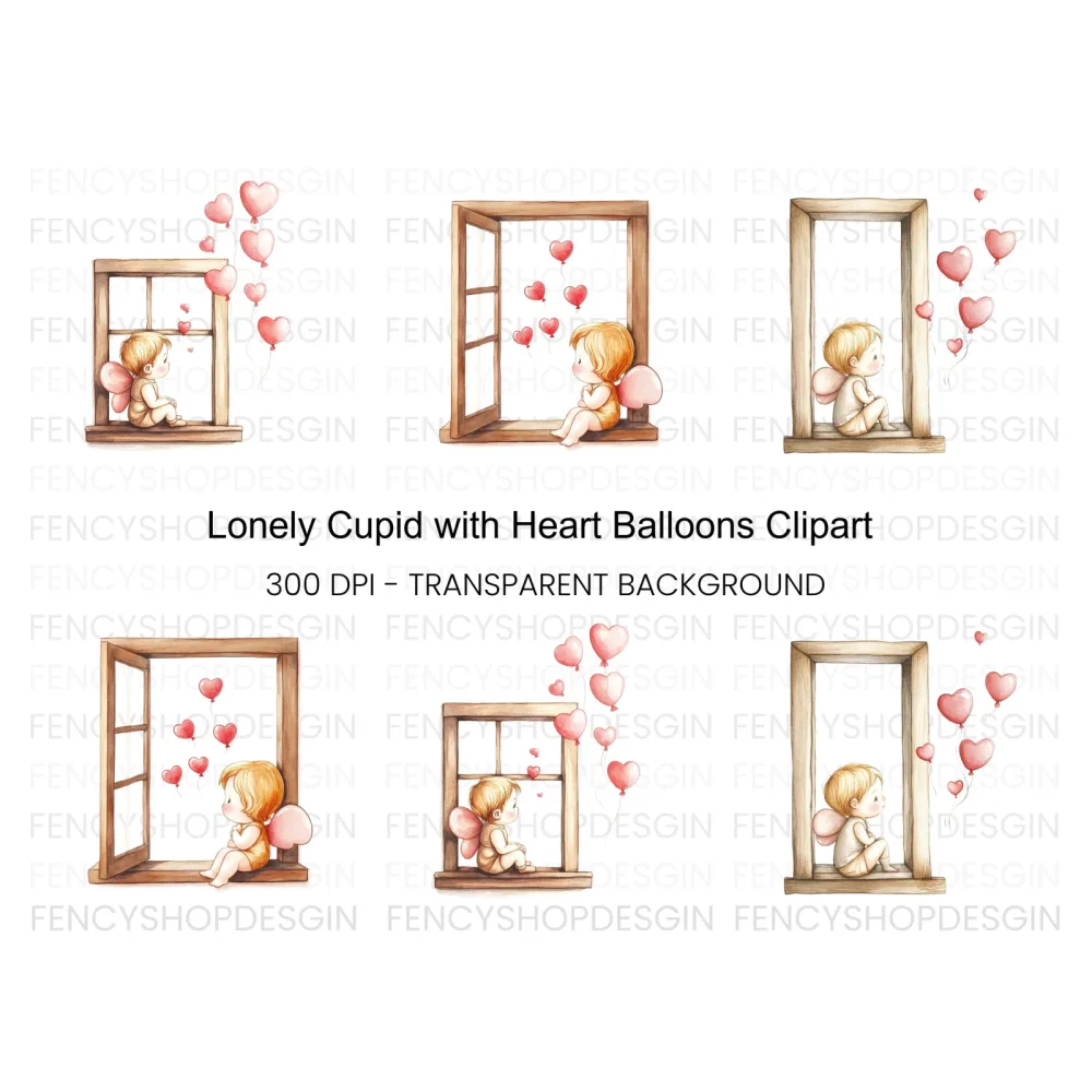 Sad Cupid with Heart Balloons Clipart Bundle