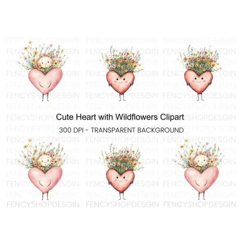 Cute Heart Flower Bouquet Clipart Bundle