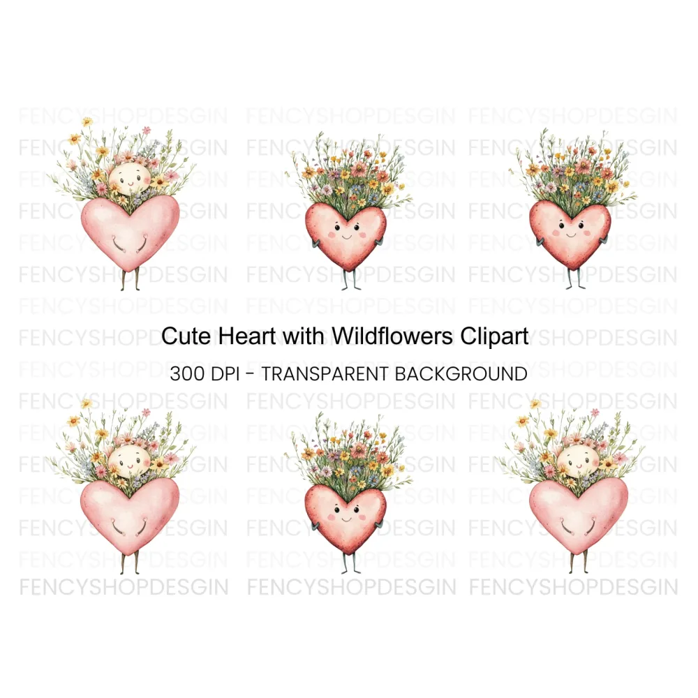 Cute Heart Flower Bouquet Clipart Bundle