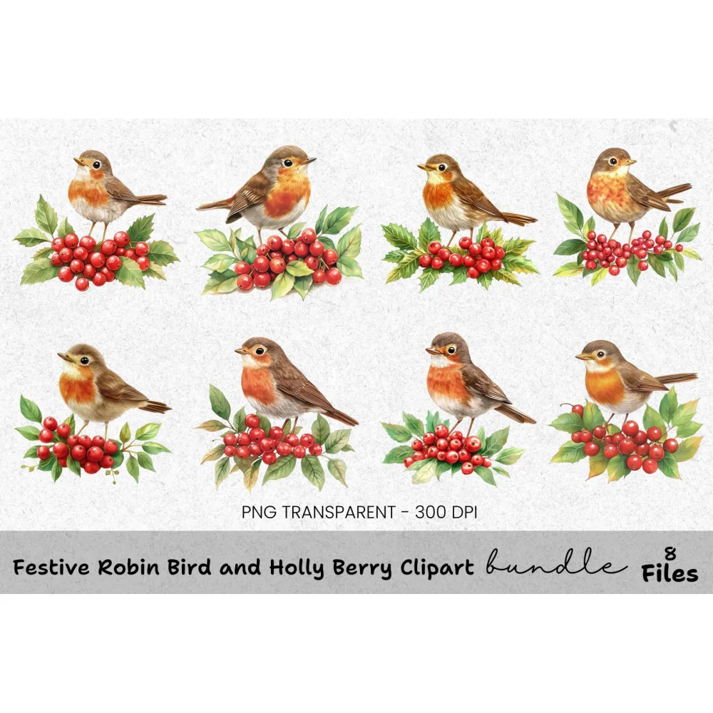 Festive Robin Bird and Holly Berry Clipart Bundle