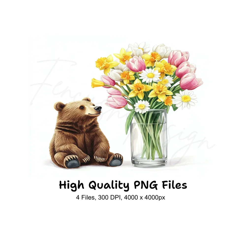 Cute Bears with Spring Flower Bouquets Clipart Bundle