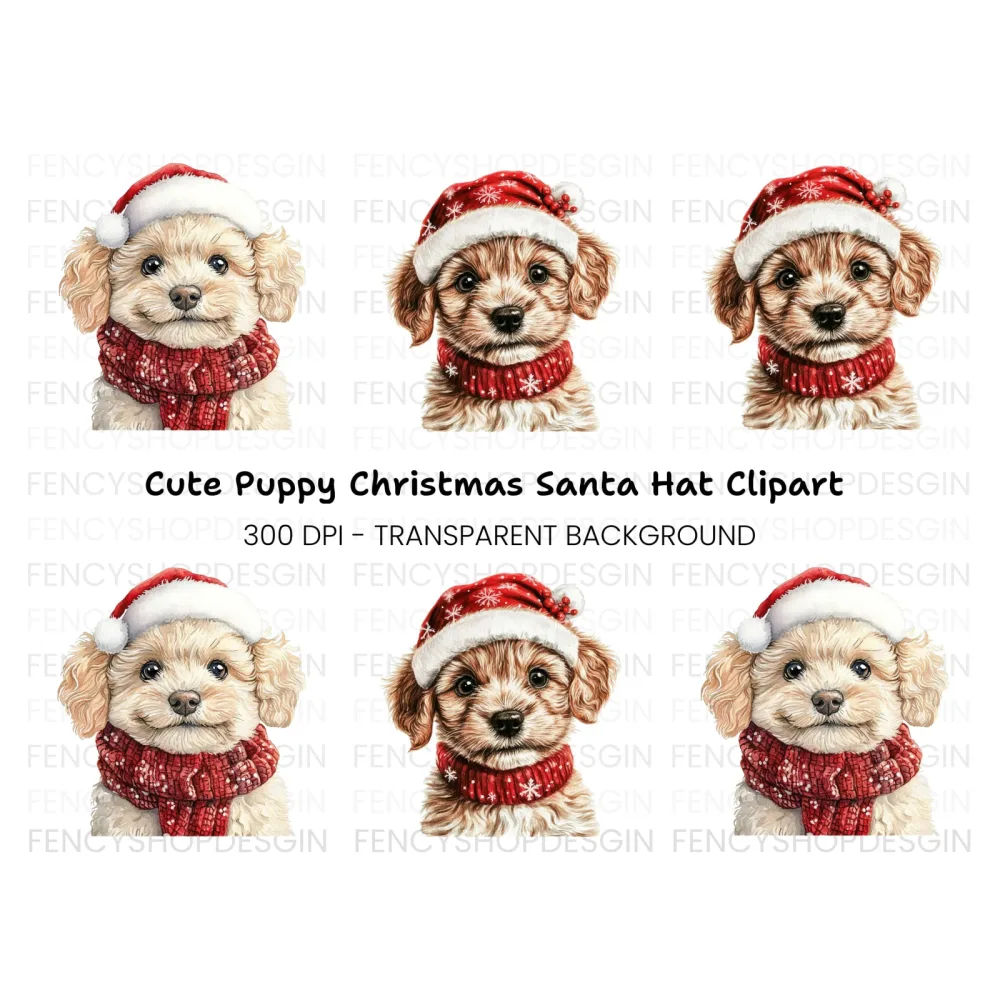 Christmas Puppies in Santa Hats Clipart Bundle