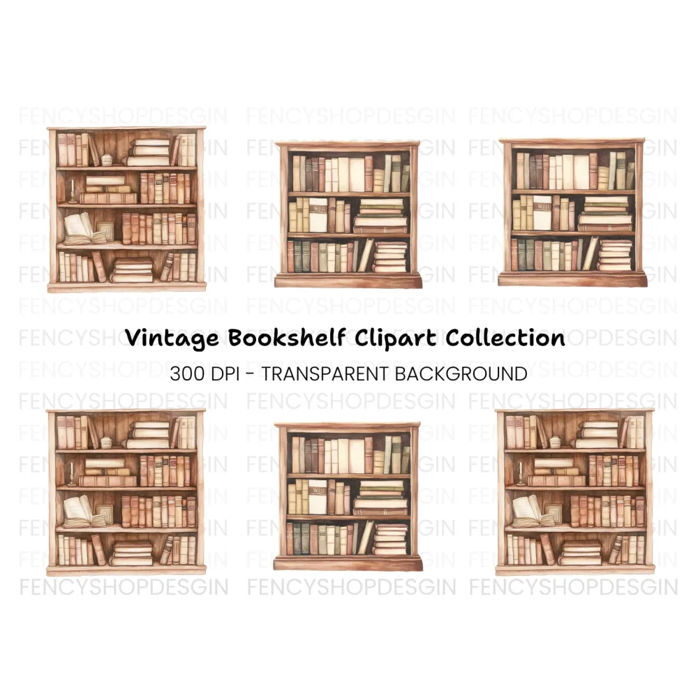 Vintage Bookshelf Clipart Bundle