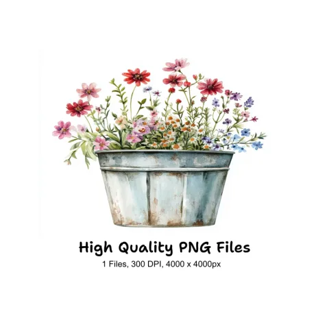 Wildflower Arrangement in Galvanized Bucket Clipart Bundle