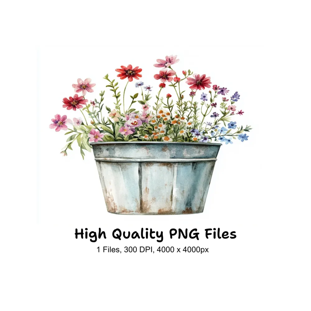 Wildflower Arrangement in Galvanized Bucket Clipart Bundle