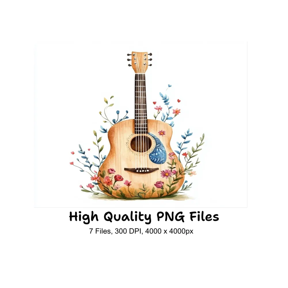 Acoustic Guitar with Flowers Clipart Bundle