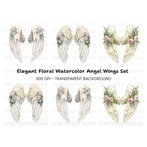 Elegant Angel Wings with Flowers Clipart Bundle