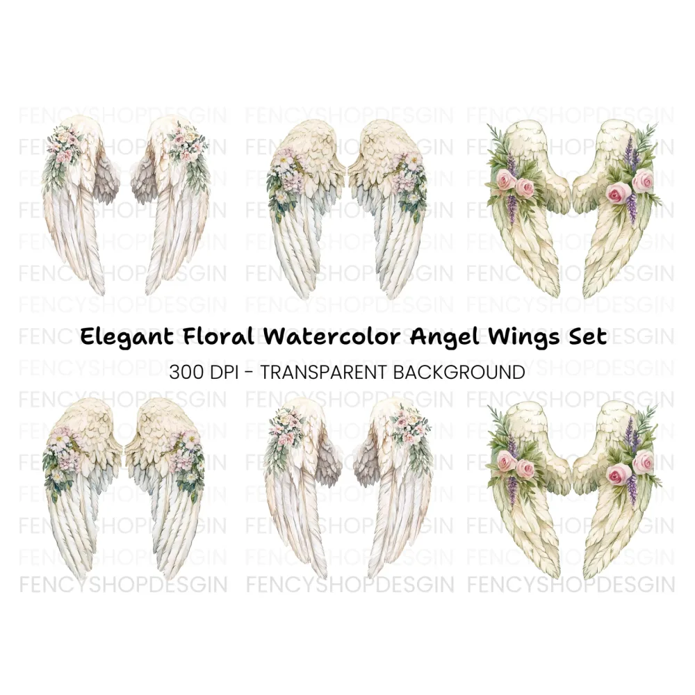 Elegant Angel Wings with Flowers Clipart Bundle