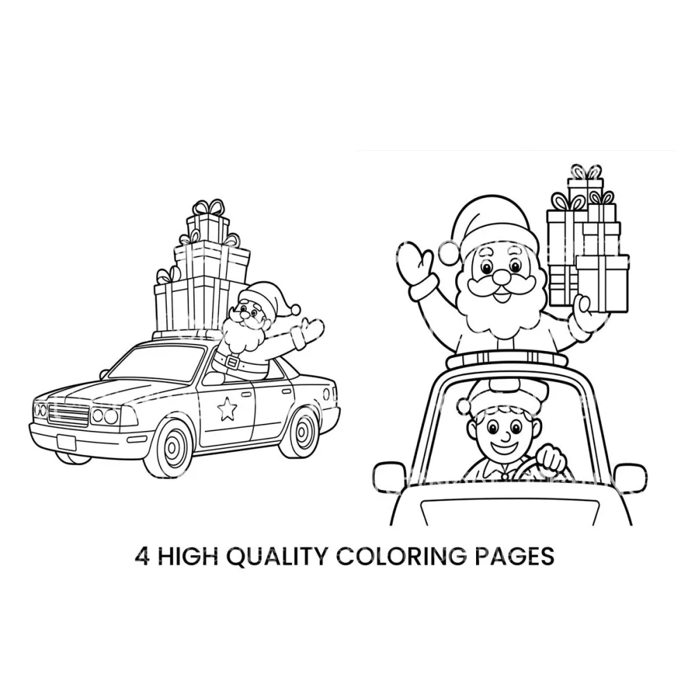 Santa and Elf Delivering Gifts by Car Coloring Books