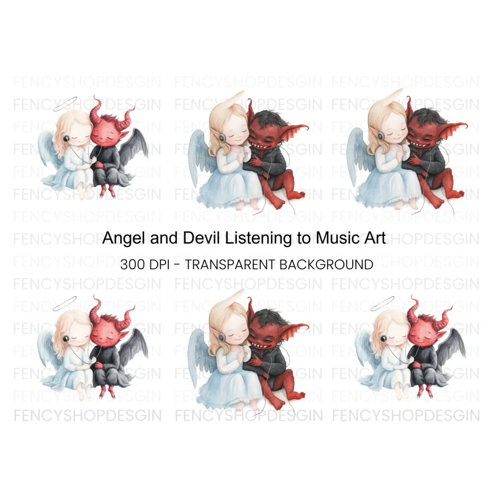 Cute Angel and Devil Listening to Music Clipart Bundle