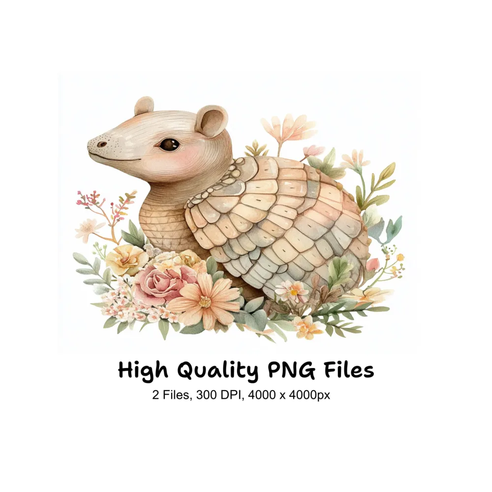 Cute Armadillo with Flowers Clipart Bundle
