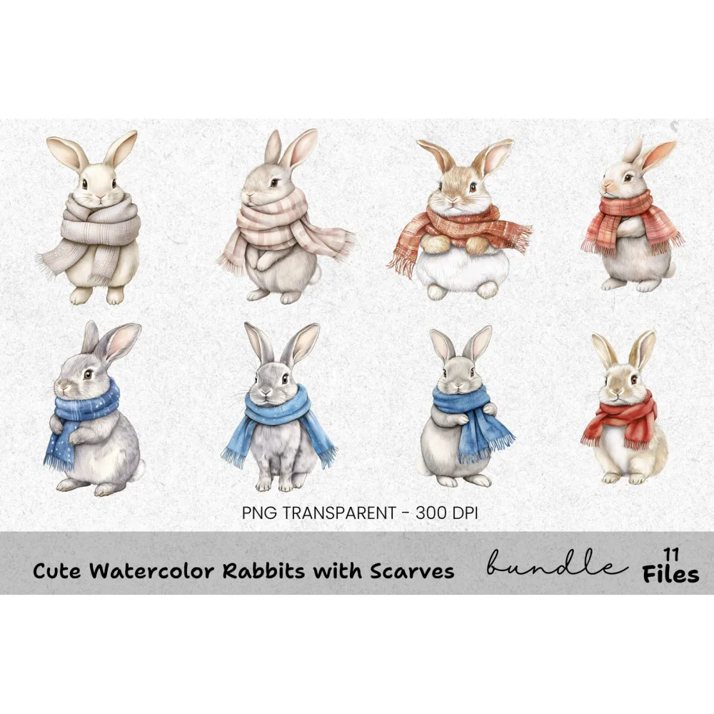 Cute Rabbits with Scarves Clipart Bundle