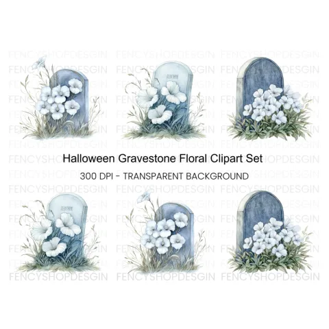 Halloween Gravestone Flowers Clipart Bundle