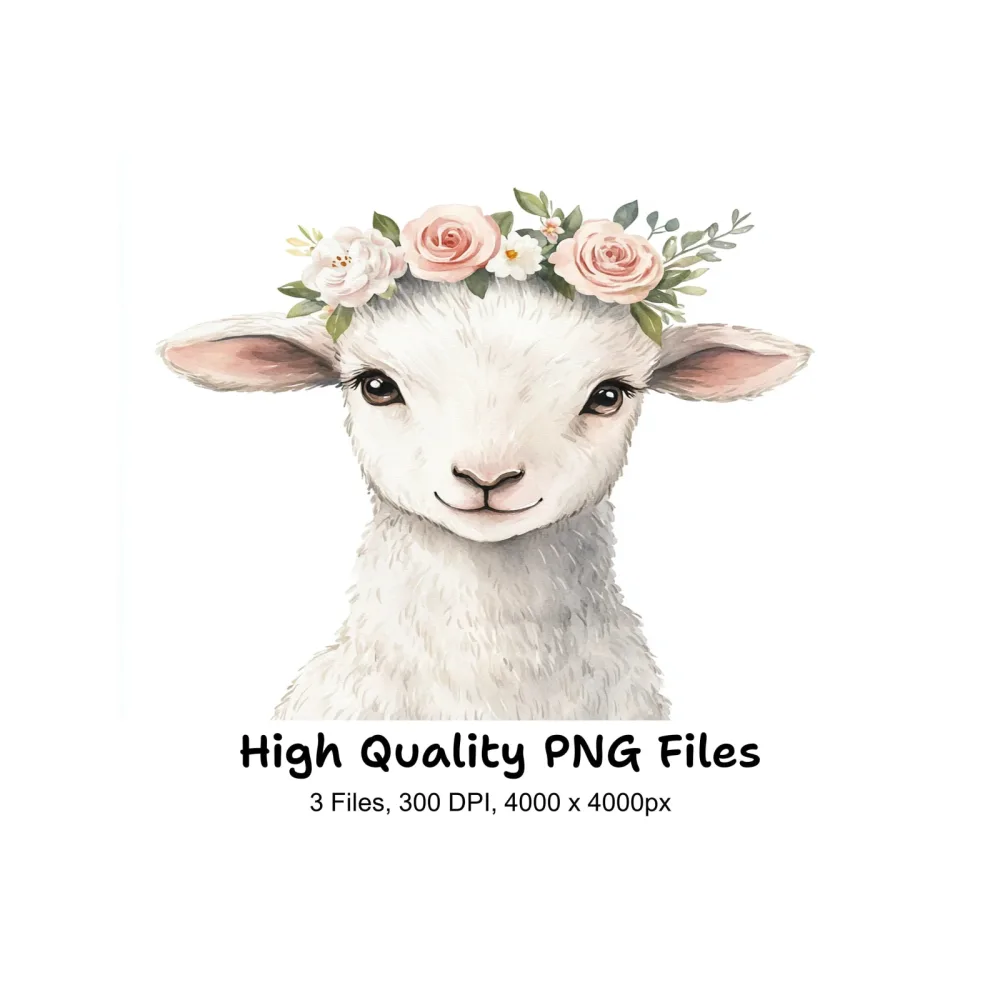Baby Lambs with Flower Crowns Clipart Bundle