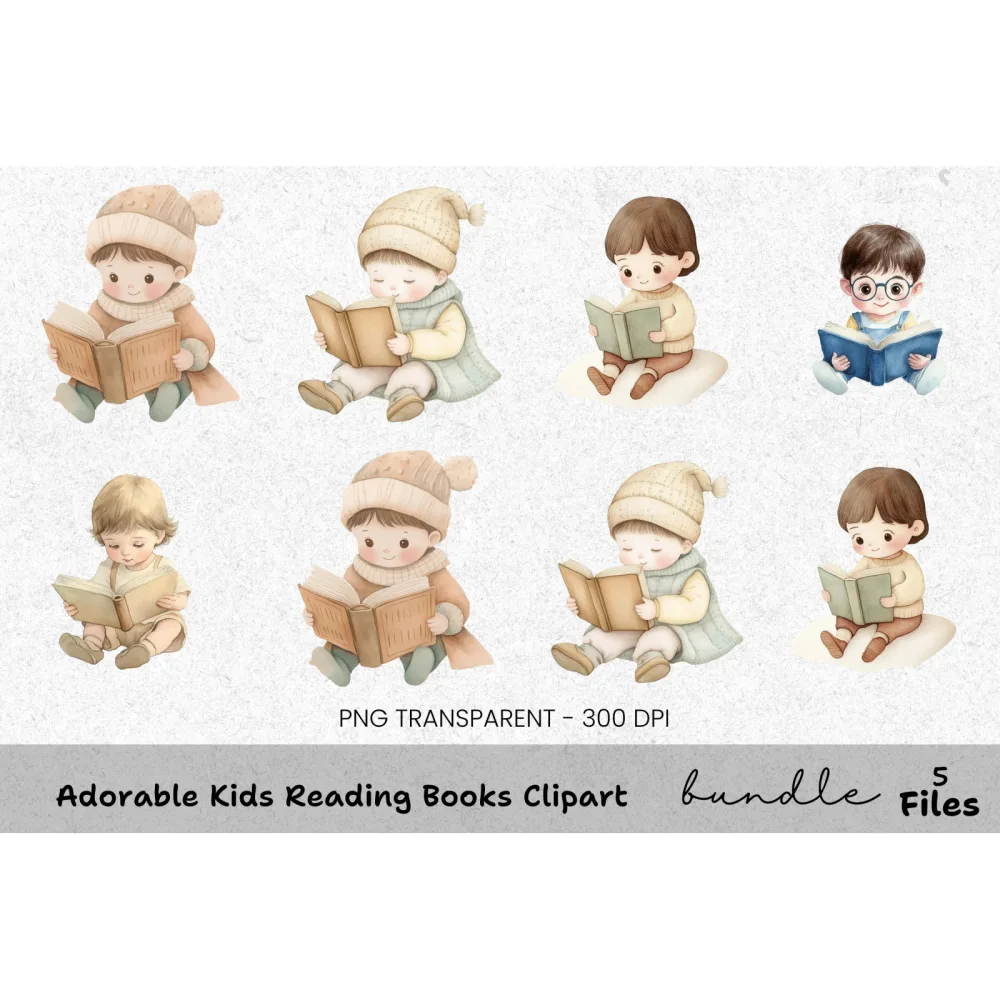 Adorable Kids Reading Books Clipart Bundle