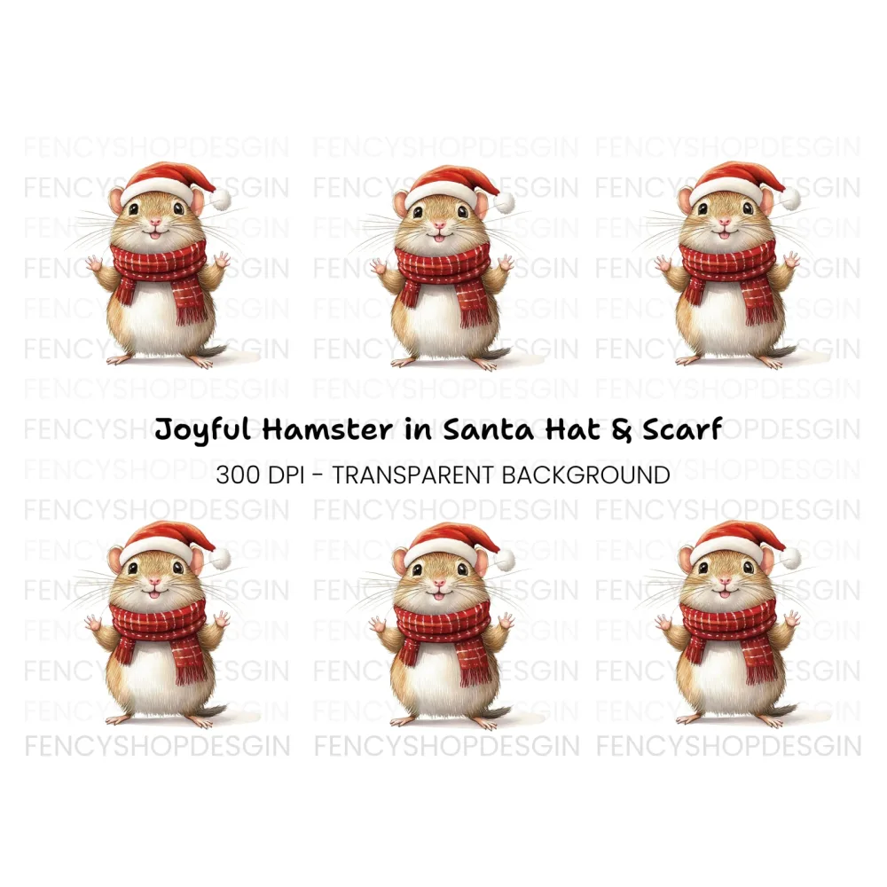 Festive Hamster in Santa Hat and Scarf Clipart Bundle