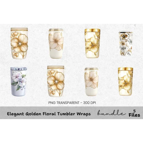 Elegant Golden Floral Tumbler Clipart Bundle