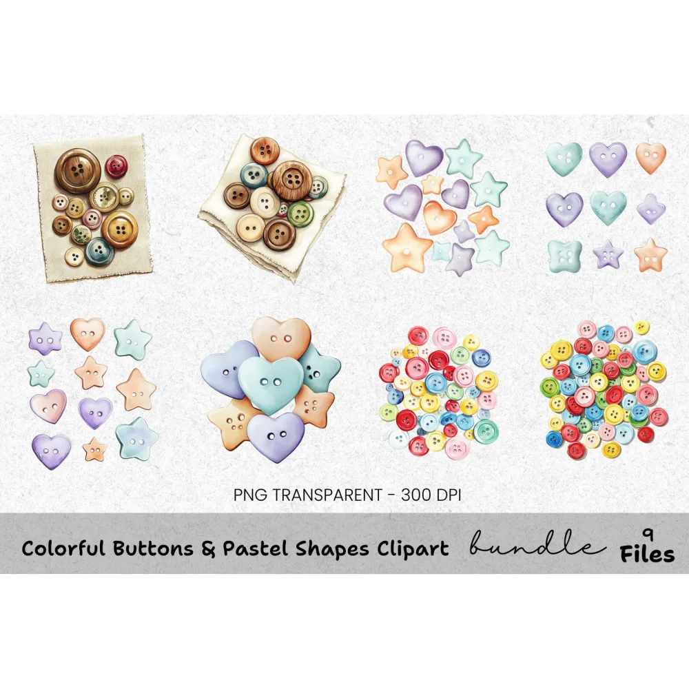 Colorful Pastel Shapes Buttons Clipart Bundle