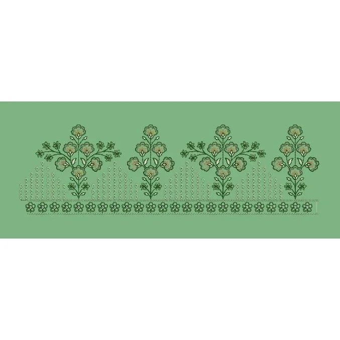 Sage Green Floral Bouquet Hem Border Green & Peach Embroidery Design