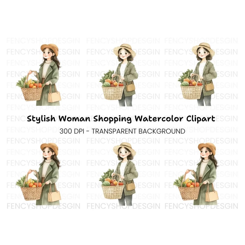 Girls with Baskets of Fresh Produce Clipart Bundle