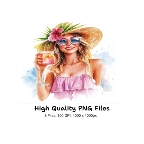 Summer Girls Drinking Cocktails Clipart Bundle