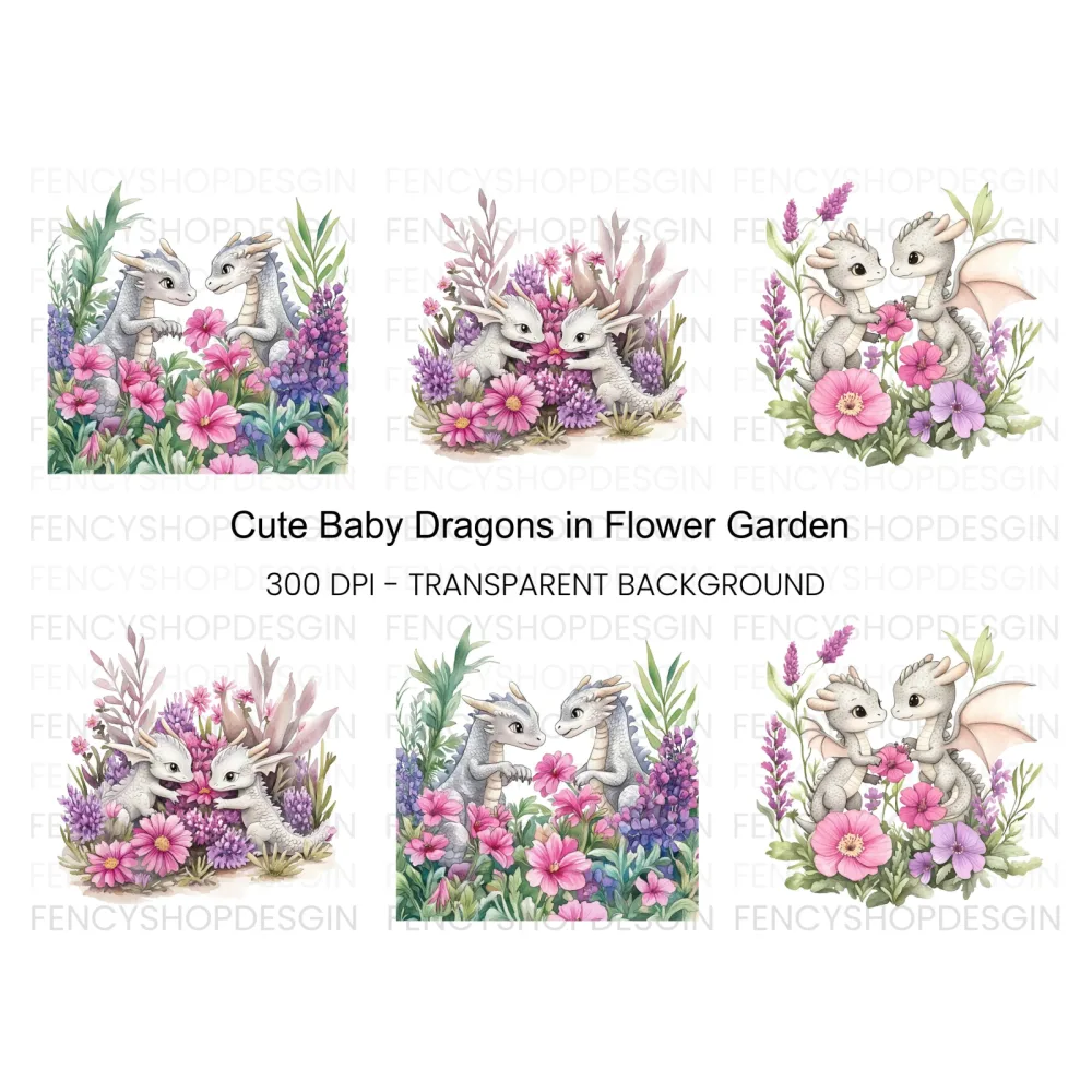 Cute Baby Dragons in Flower Garden Clipart Bundle