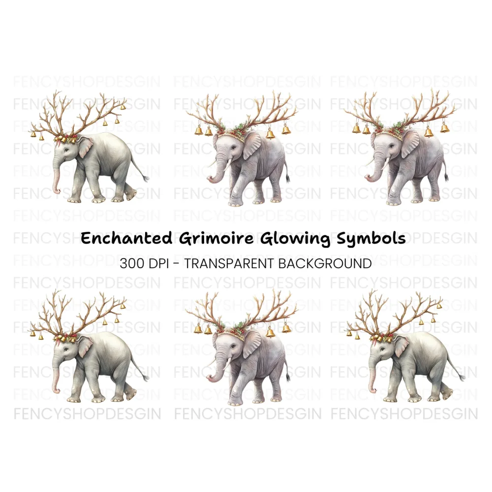 Christmas Elephant with Antlers Clipart Bundle
