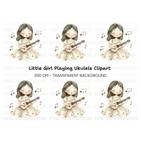 Girl Playing Ukulele with Music Notes Clipart Bundle