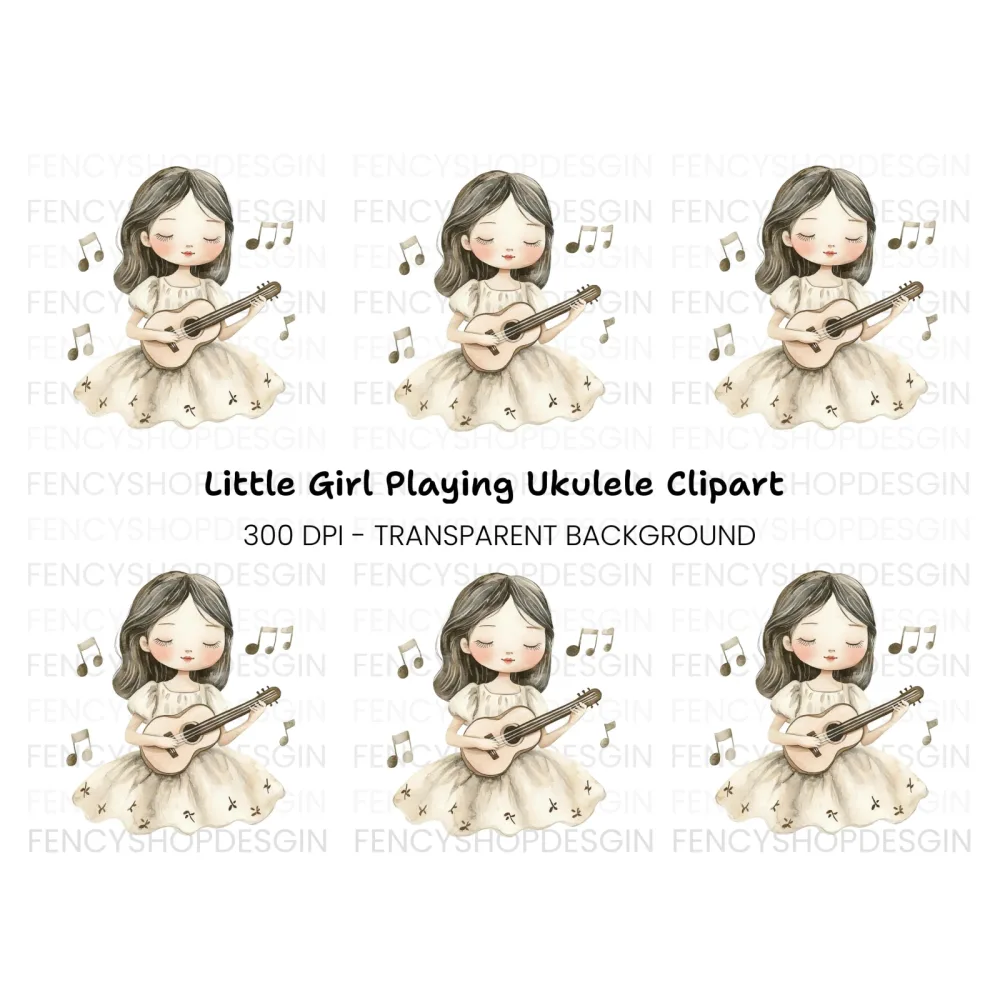 Girl Playing Ukulele with Music Notes Clipart Bundle