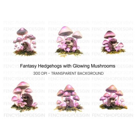Fantasy Hedgehogs with Pink Mushrooms Clipart Bundle