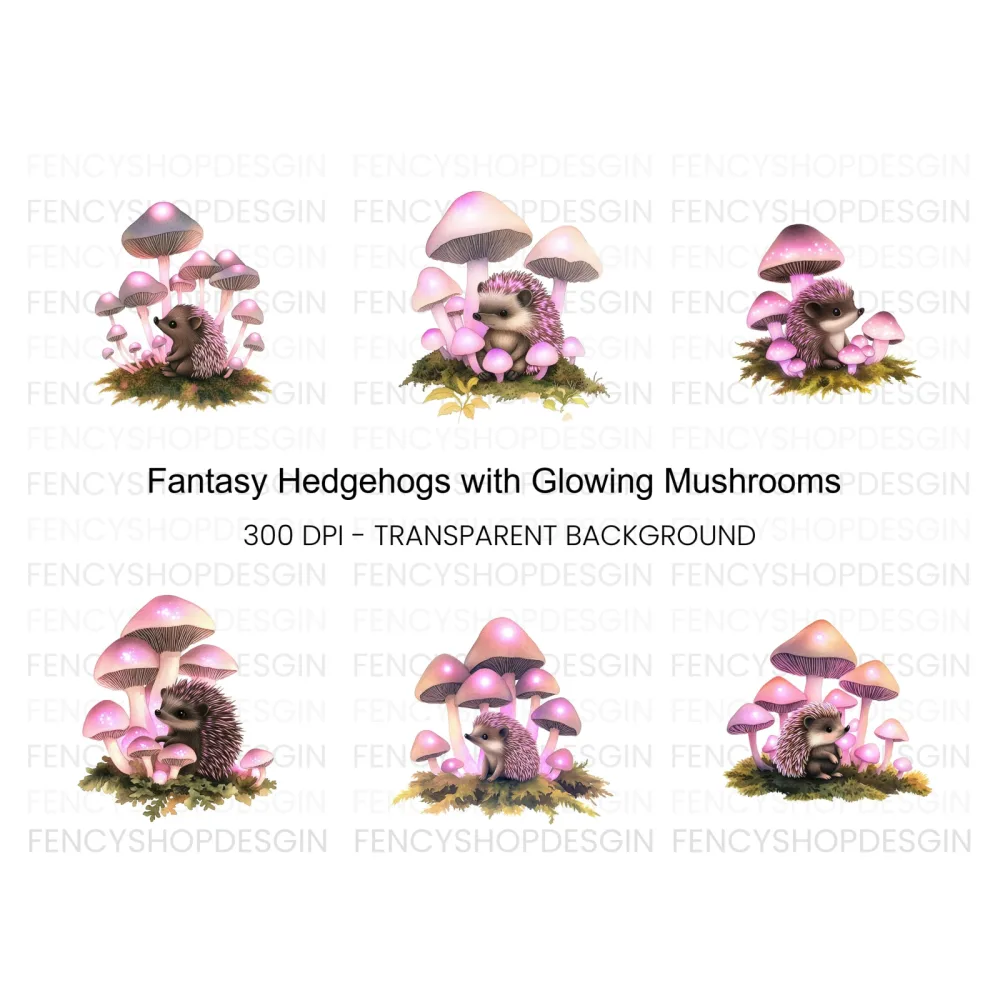 Fantasy Hedgehogs with Pink Mushrooms Clipart Bundle
