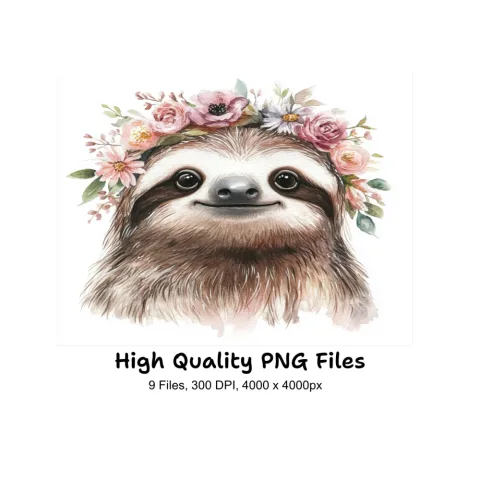 Cute Sloth Floral Wreath Clipart Bundle