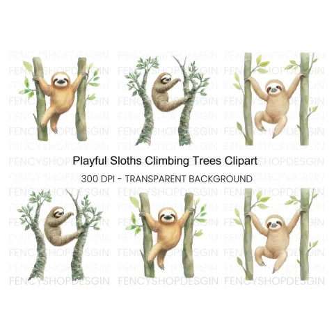 Playful Sloths Climbing Trees Clipart Bundle