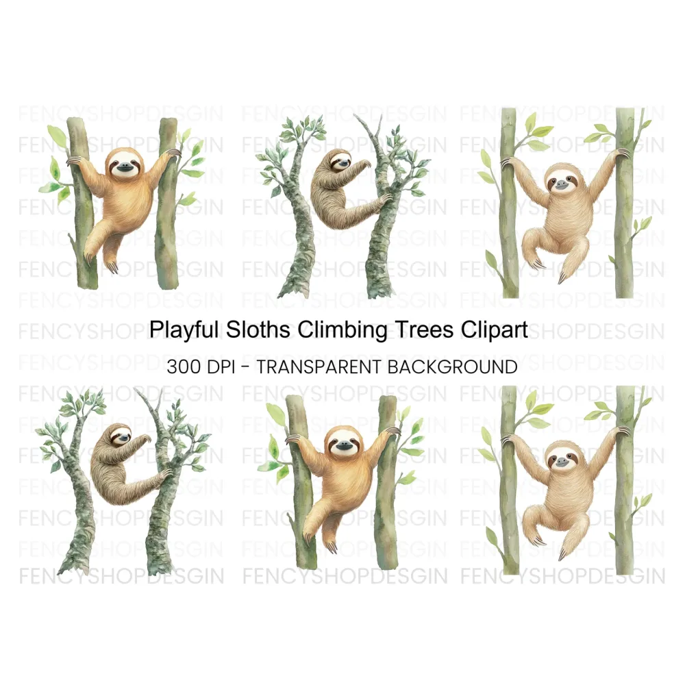 Playful Sloths Climbing Trees Clipart Bundle