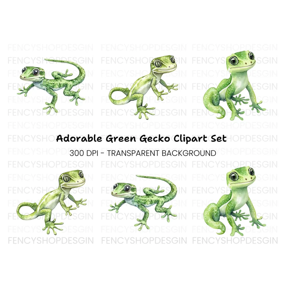 Cute Green Gecko Clipart Bundle