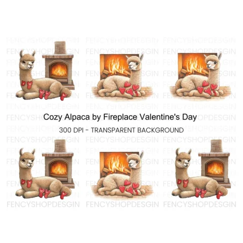 Cozy Alpacas by Fireplace Clipart Bundle