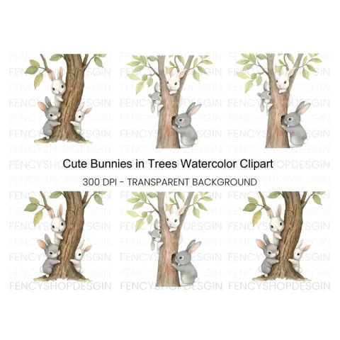Cute Bunnies Climbing Tree Clipart Bundle